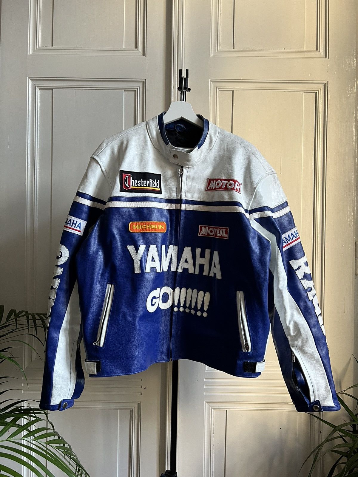 image of Yamaha Vintage Racing Moto Leather Jacket in Blue/White, Men's (Size Large)