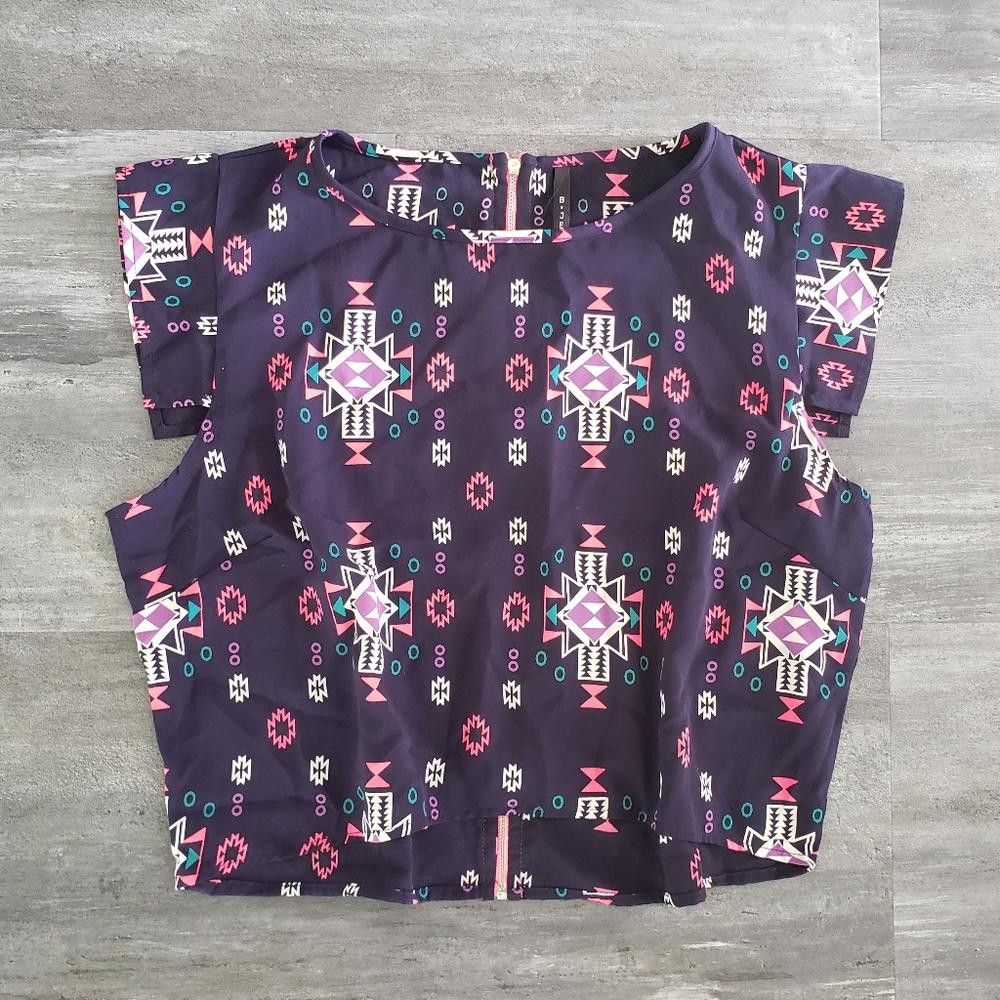 Designer Navy Pink Detailed B Jewel Cropped Blouse Size XL / US 12-14 / IT 48-50 - 1 Thumbnail