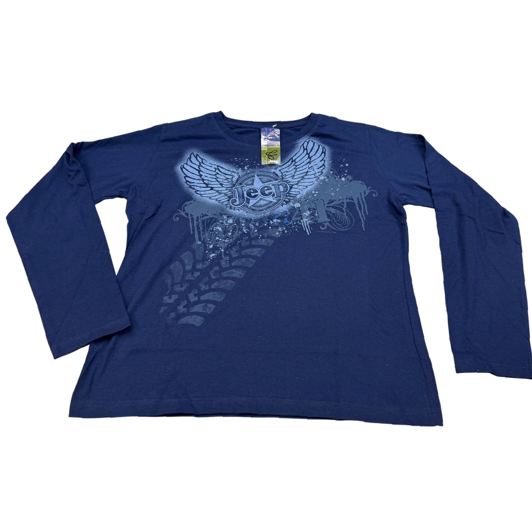 Jeep Jeep Shirt Womens Large Navy Long Sleeve Graphic Wings Tire Tread Logo Blue Cotton Crew Neck Old Style Basic T-Shirt Size L / US 10 / IT 46 - 2 Thumbnail