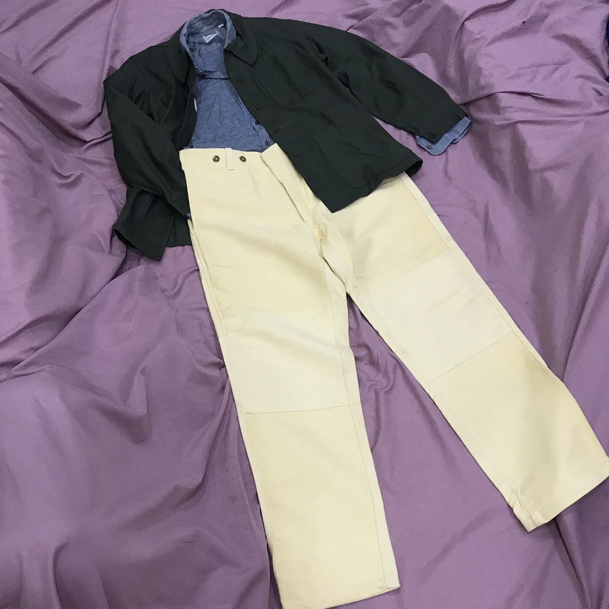 Other 60s FRENCH ARMY CHORE COAT sage, like new stiff work jacket Size US M / EU 48-50 / 2 - 4 Thumbnail