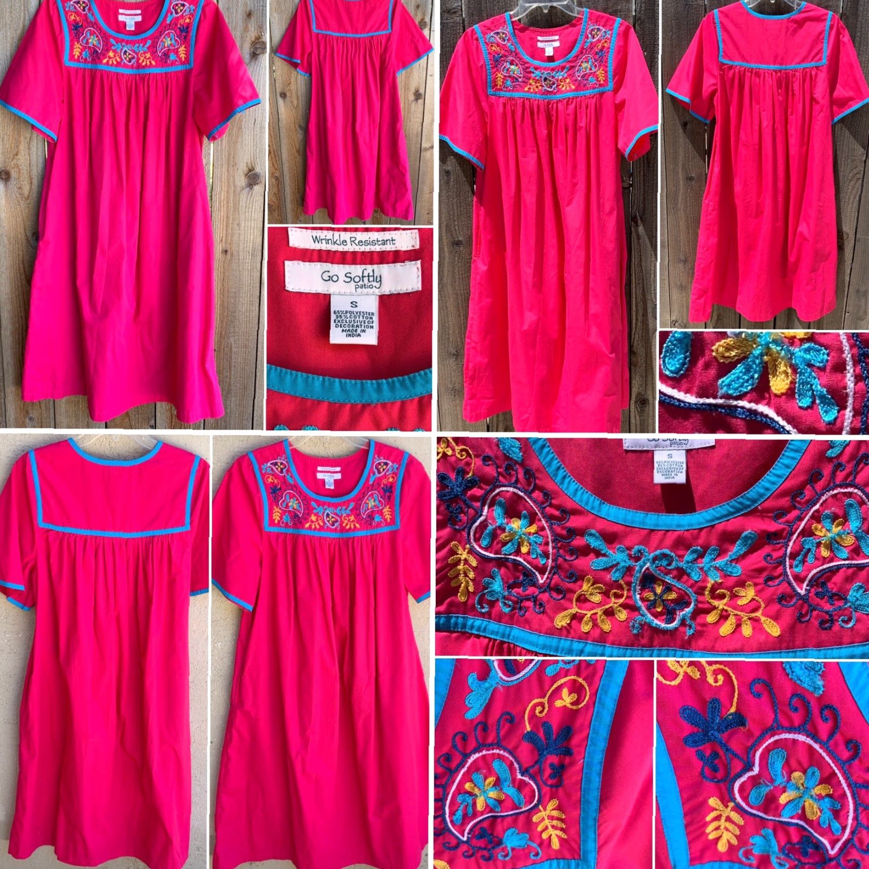 Vintage Go Softly Patio Dress Embroidered Hot Pink Muumuu Sz S Hippie Chic Boho Peasant Womens Size S / US 4 / IT 40 - 3 Thumbnail