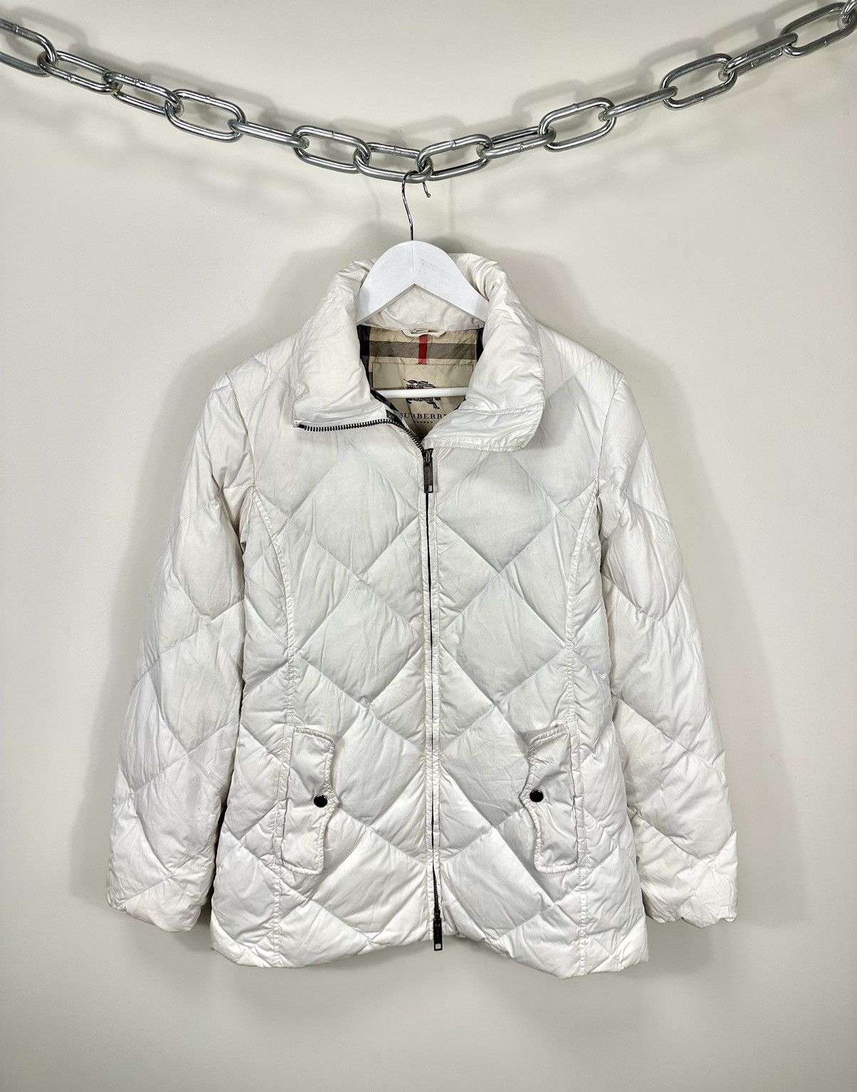 image of Vintage Burberry Down Luxury Nova Check White Puffer Jacket, Women's (Size Small)