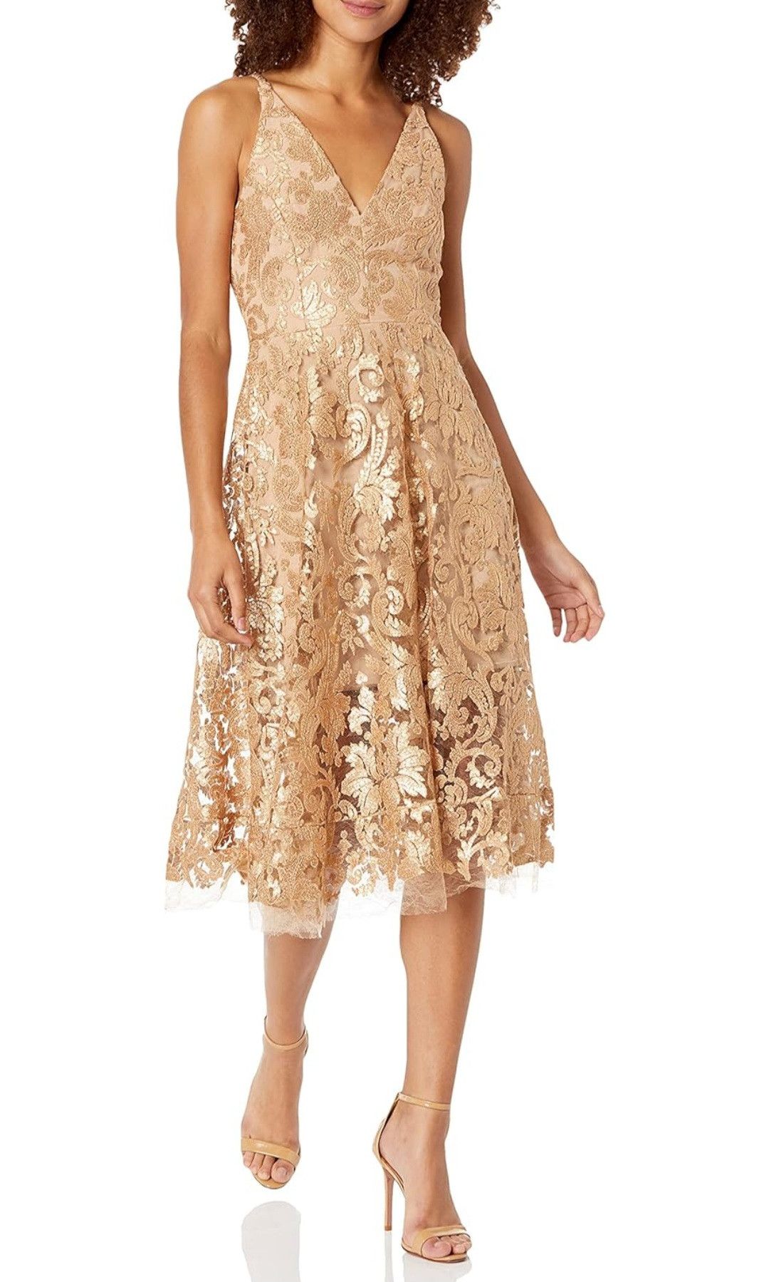 image of Dress The Population Blair Plunging Fit And Flare Midi Dress in Nude Gold, Women's (Size Small)