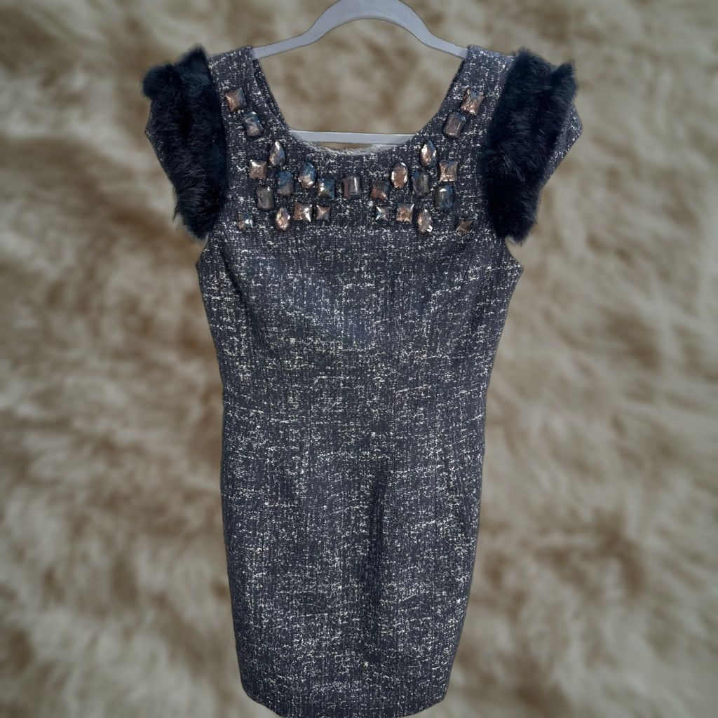 Vintage McGinn Mini Dress Wool Polyester Gray Black Fur Trim Stoned Rabbit Open Back NWT Sz 4 Party Cocktail Women US 4 Size S / US 4 / IT 40 - 1 Thumbnail