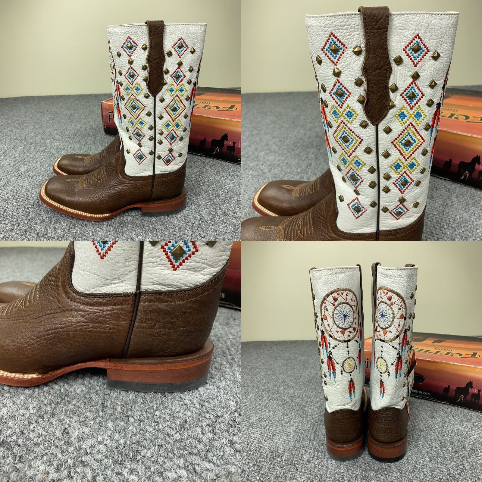 Vintage VINTAGE Ferrini Western Boots Womens Size 8.5 Leather Cowgirl Square Toe Studded Southwestern Brown and White 90s Size US 8.5 / IT 38.5 - 8 Thumbnail