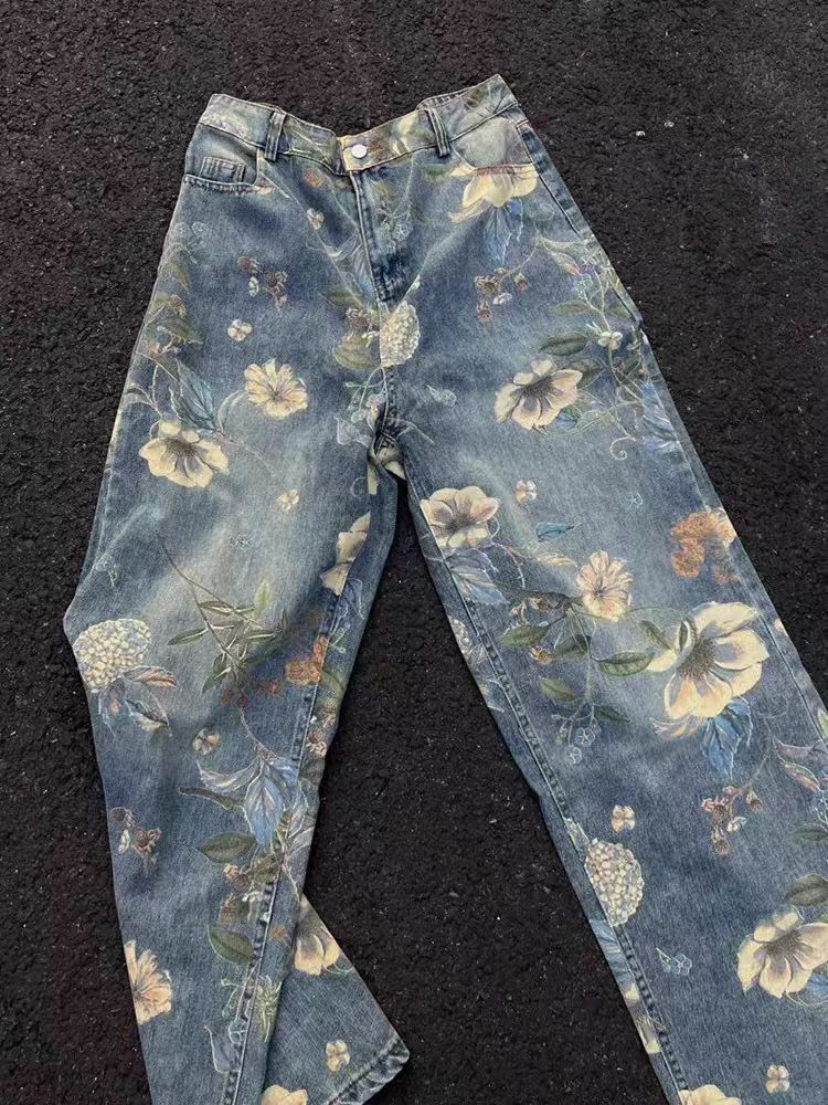 Jean Washed Blue Relaxed Fit Floral Denim Jeans Size US 32 / EU 48 - 1 Thumbnail