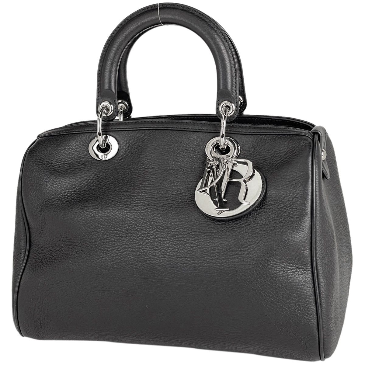 image of Christian Dior Logo Shoulder Bag Mini Boston Handbag Leather Black, Women's