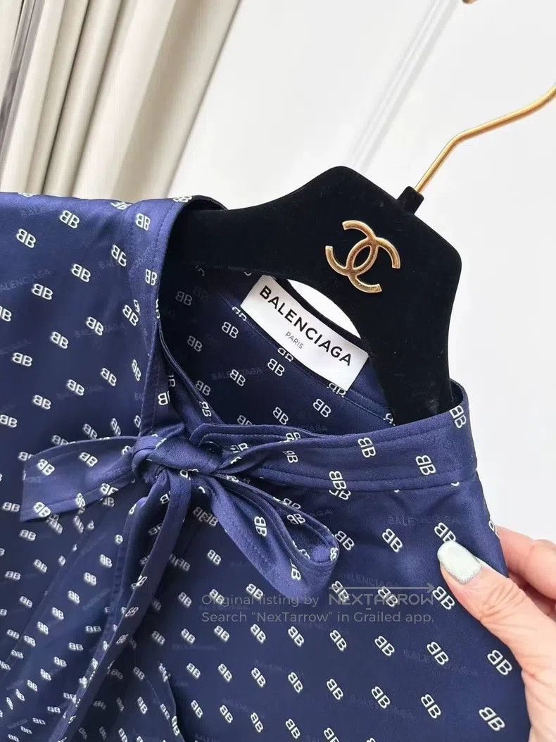 Balenciaga Dark Blue Full Print Mulberry Silk Shirt