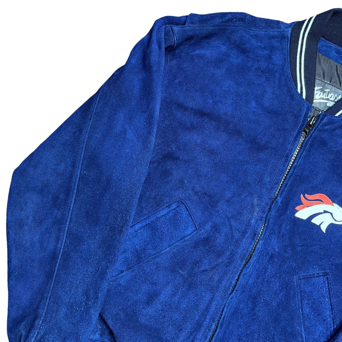 NFL × Vintage Vintage 1990s NFL Denver Broncos Blue Suede Zip Up Jacket Size US XL / EU 56 / 4 - 16 Thumbnail