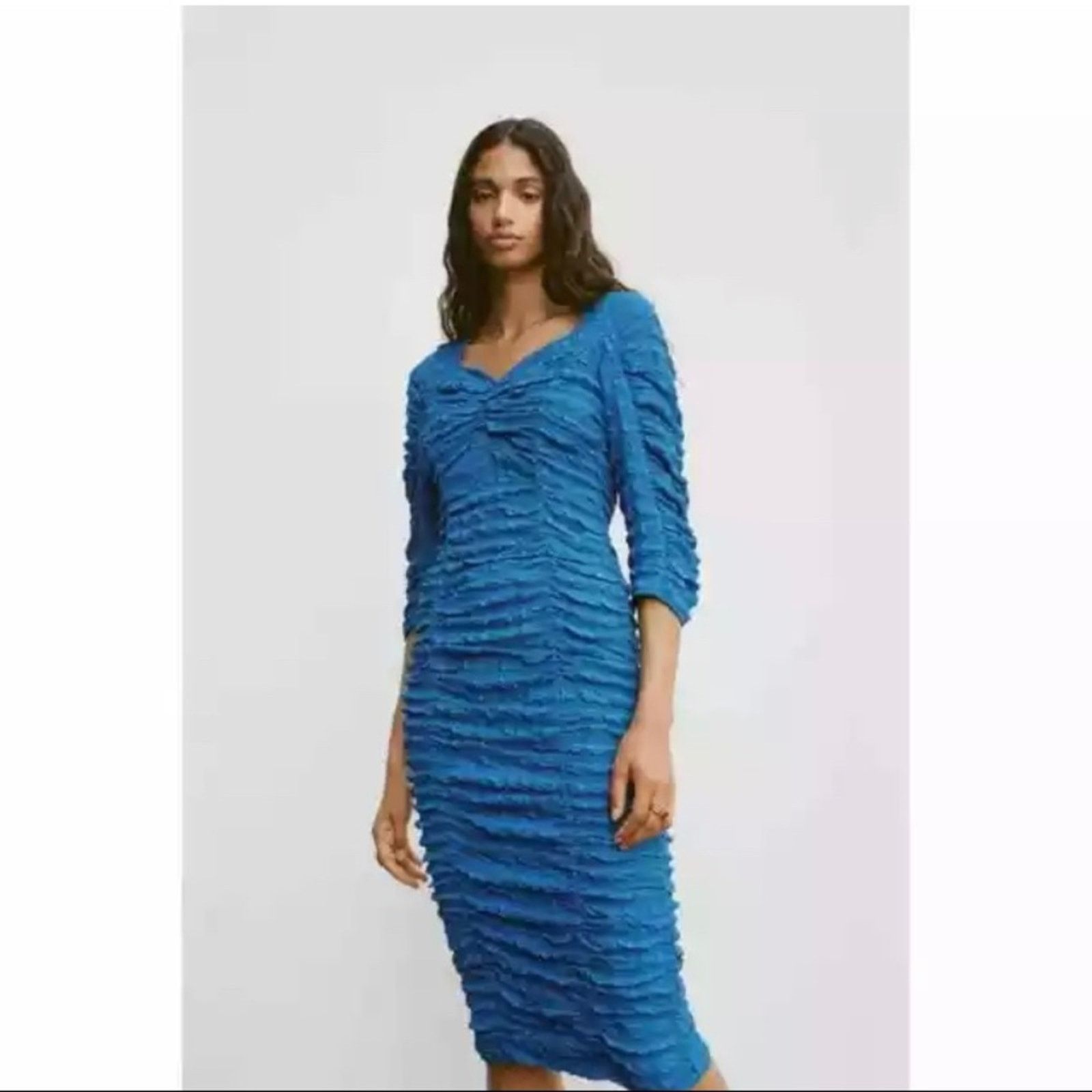 Zara Zara Bright Blue Ruched Bodycon Midi Dress Bloggers Size L / US 10 / IT 46 - 12 Thumbnail