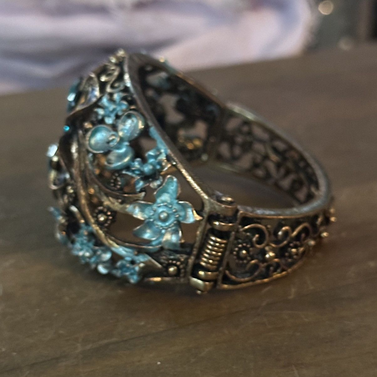 Vintage Vintage teal flowers and butterfly wide hinged bracelet Size ONE SIZE - 6 Thumbnail