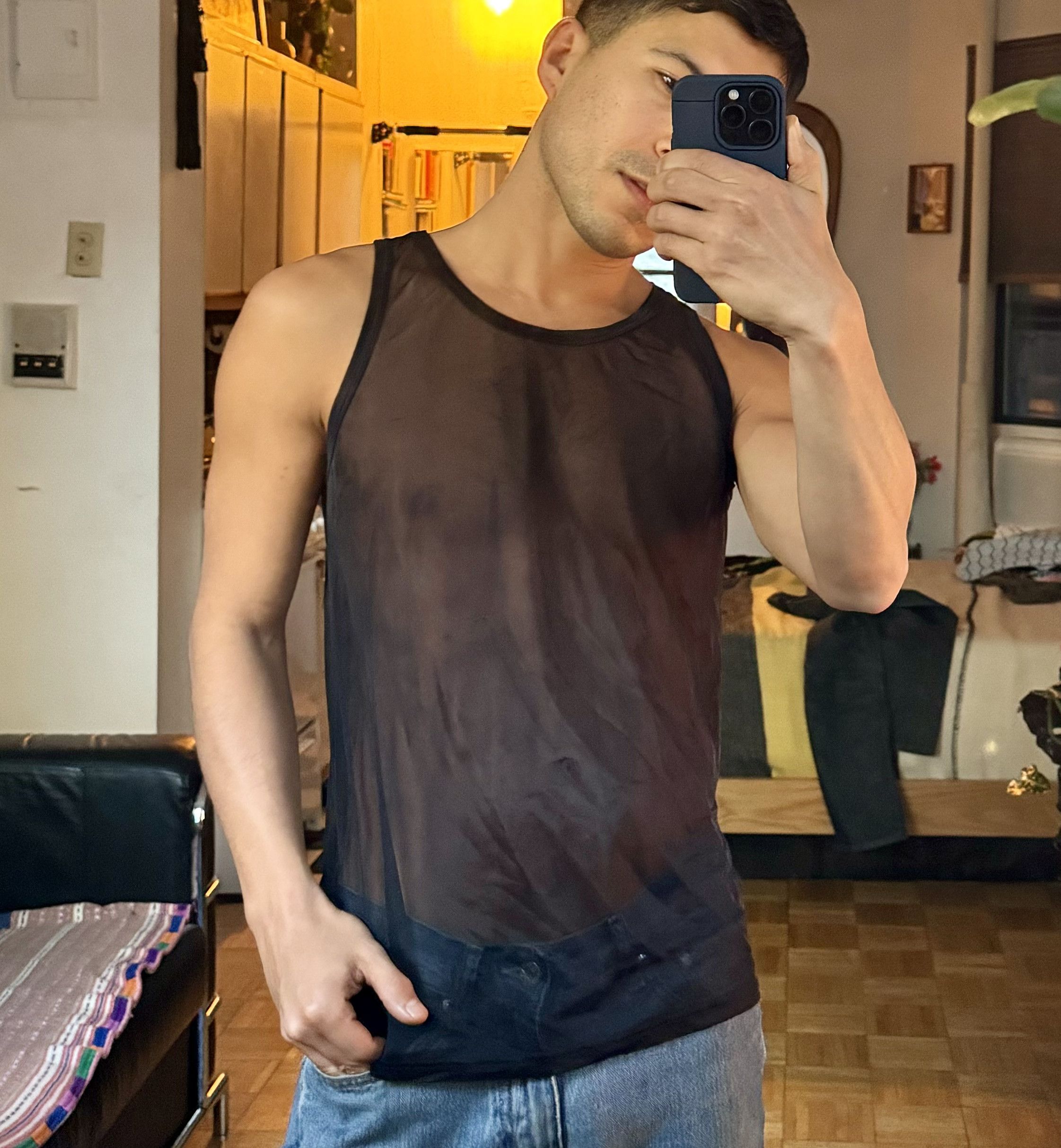 image of Helmut Lang Black Sheer Tank, Men's (Size Small)