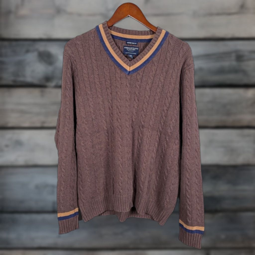American Eagle Outfitters VINTAGE American Eagle Outfitters Men's Sweater Pullover Cable Knit Fall Winter Large Brown Casual Tennis Size US L / EU 52-54 / 3 - 1 Thumbnail