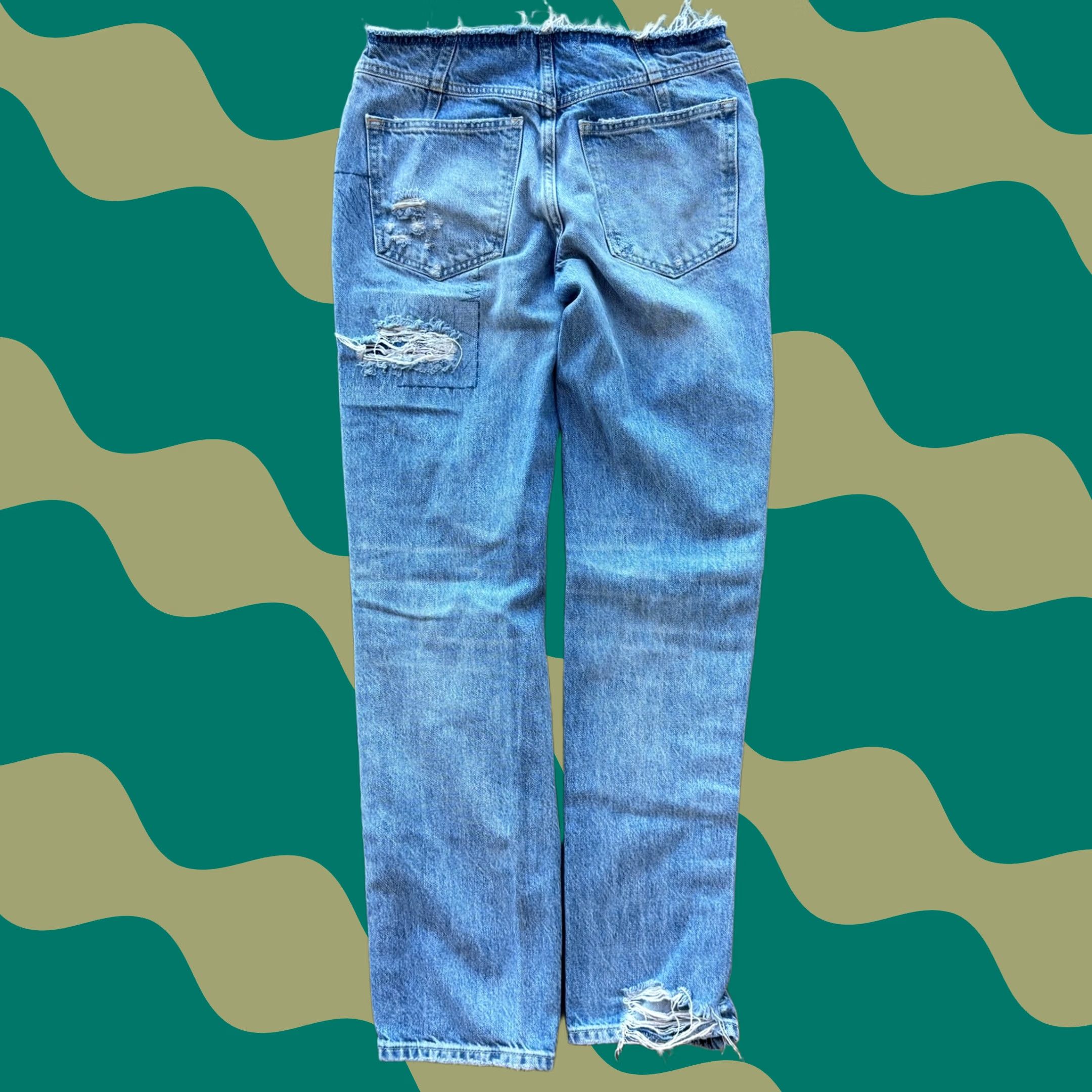 Free People VINTAGE We The Free People Low Rise Distressed Straight Leg Cotton Jeans 24 Blue Womens Jeans Size 42" / US 20 - 1 Thumbnail