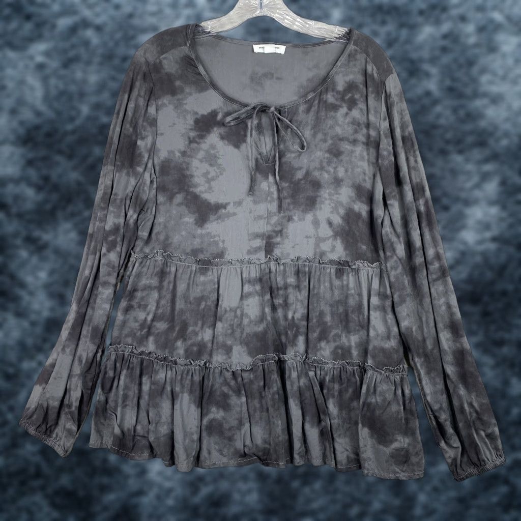Vintage Beach Lunch Lounge Blouse Womens L Top Gray Tie Dye Ruffle Tie Neck Long Sleeve Size L / US 10 / IT 46 - 1 Thumbnail