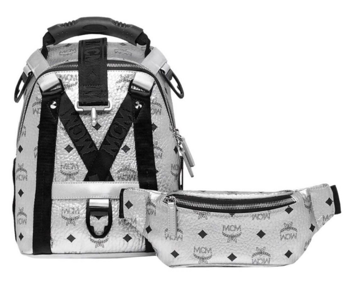 MCM Women's Berlin Silver Metallic Coated Canvas Mini Backpack Size ONE SIZE - 1 Thumbnail