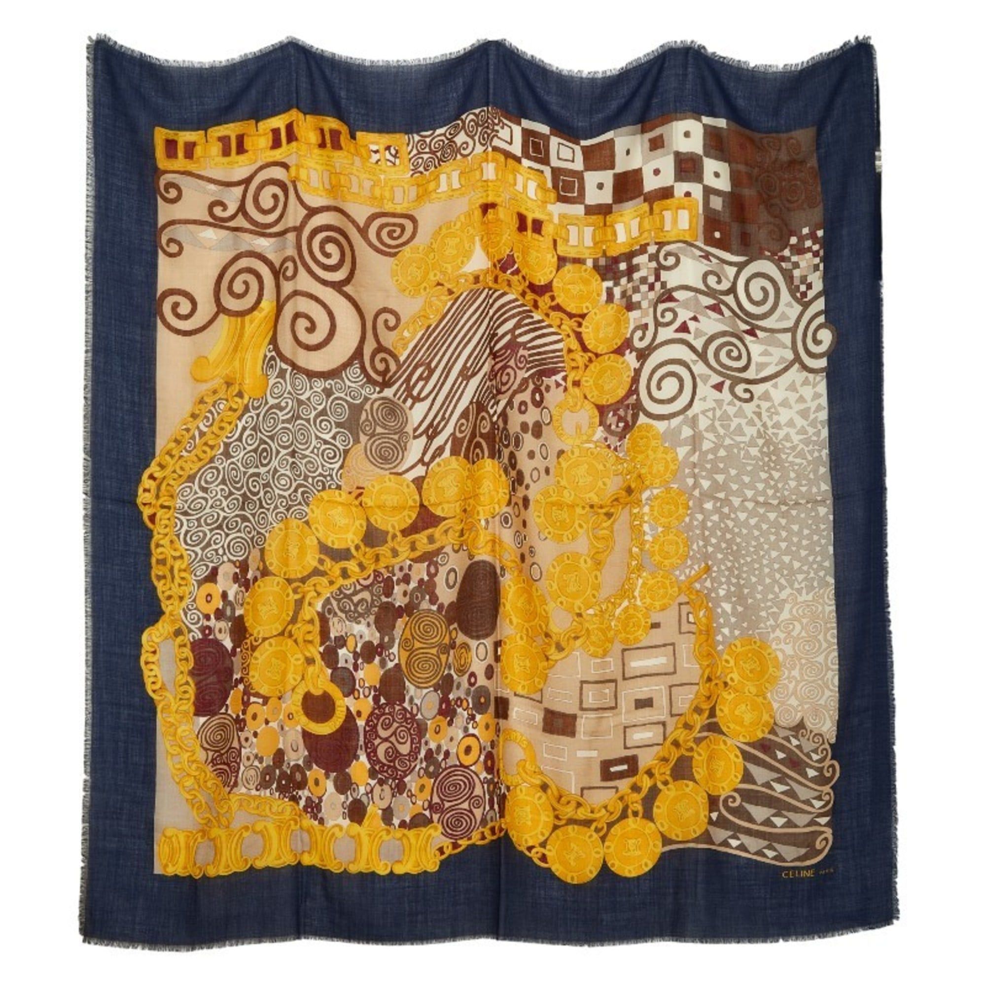 Celine all-over print scarf/muffler in navy and multicolor wool silk for women.