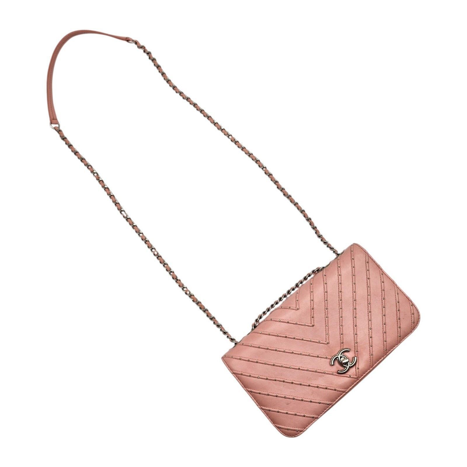 Chanel CC Clasp Medium Calf Leather Flap Bag Studded Chevron Pink Size ONE SIZE - 4 Thumbnail