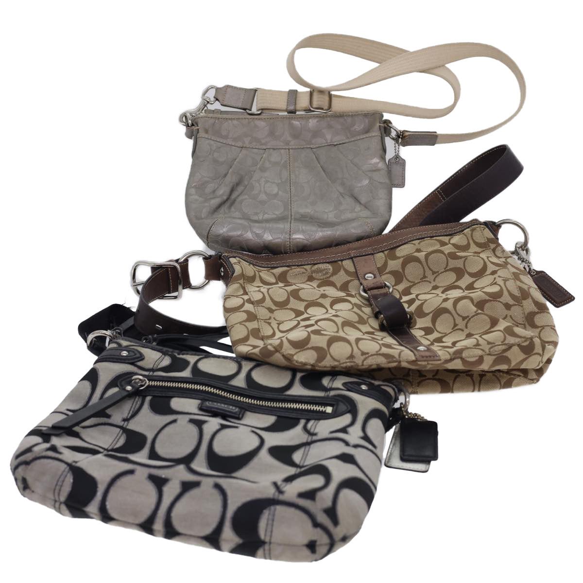 image of Coach Signature Canvas Shoulder Bag Nylon 3Set Brown Silver Black Auth 40546, Women's