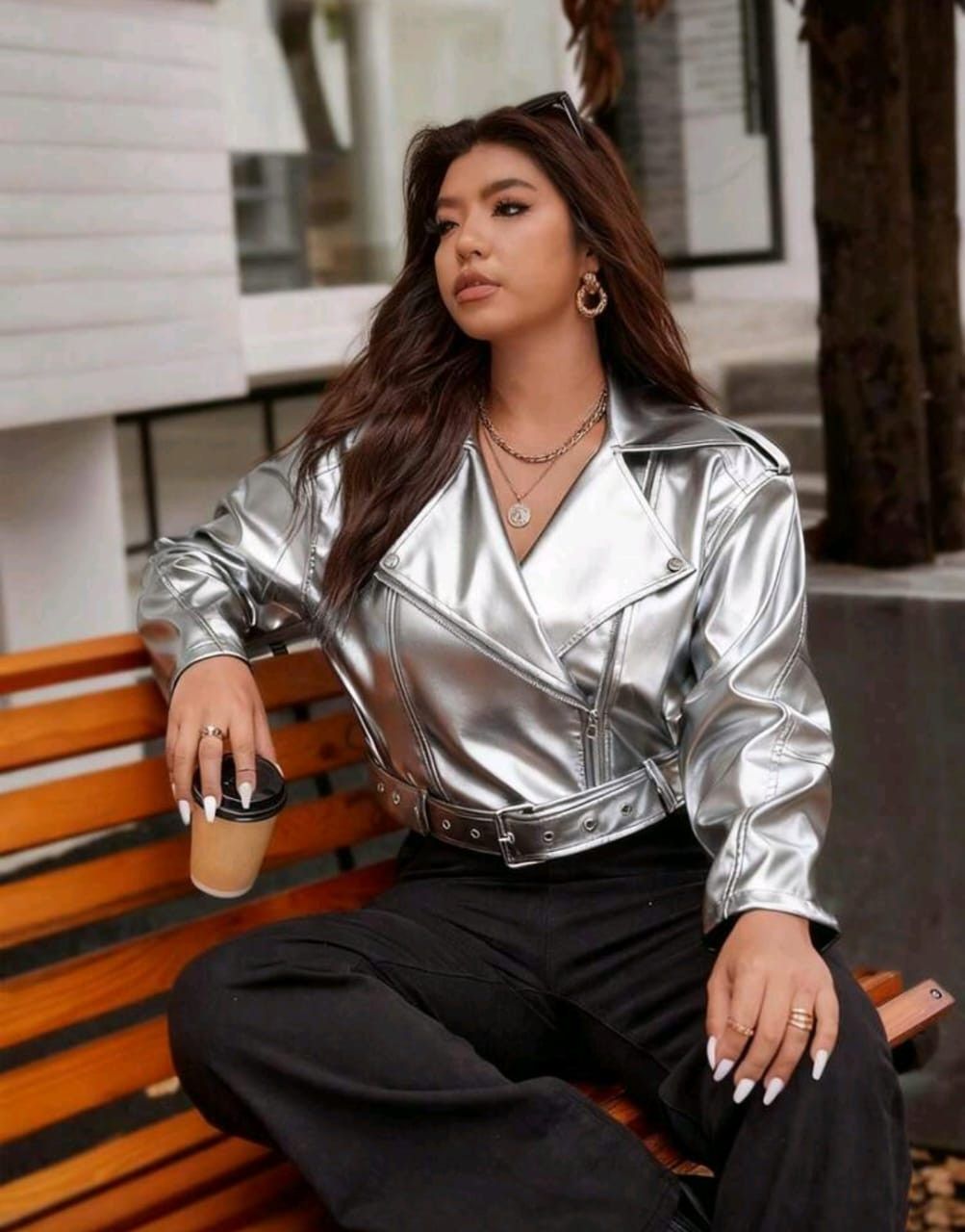 Other Women’s Silver Faux Leather Biker Jacket – Cropped Fit ✨🔥 Size M / US 6-8 / IT 42-44 - 4 Thumbnail