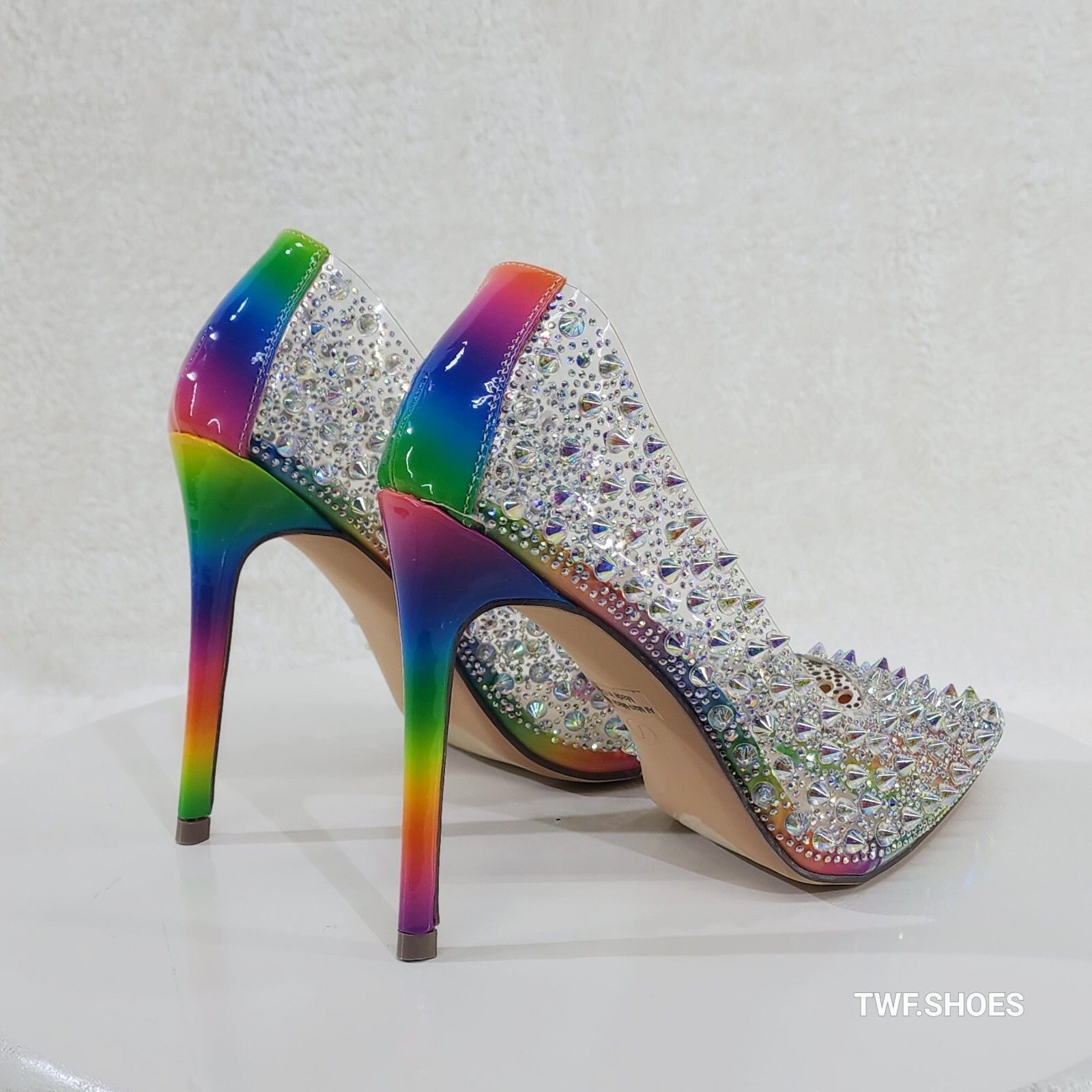 Spicy Stiletto PVC Clear Pumps Rainbow Studs & Rhinestone Pu