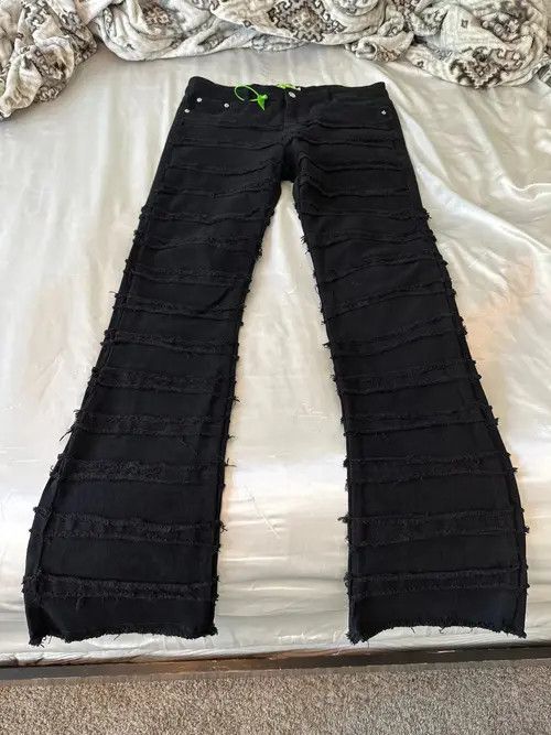VIBE Black Striped Tassel Frayed Straight Baggy Jeans Pants Size US 32 / EU 48 - 5 Thumbnail