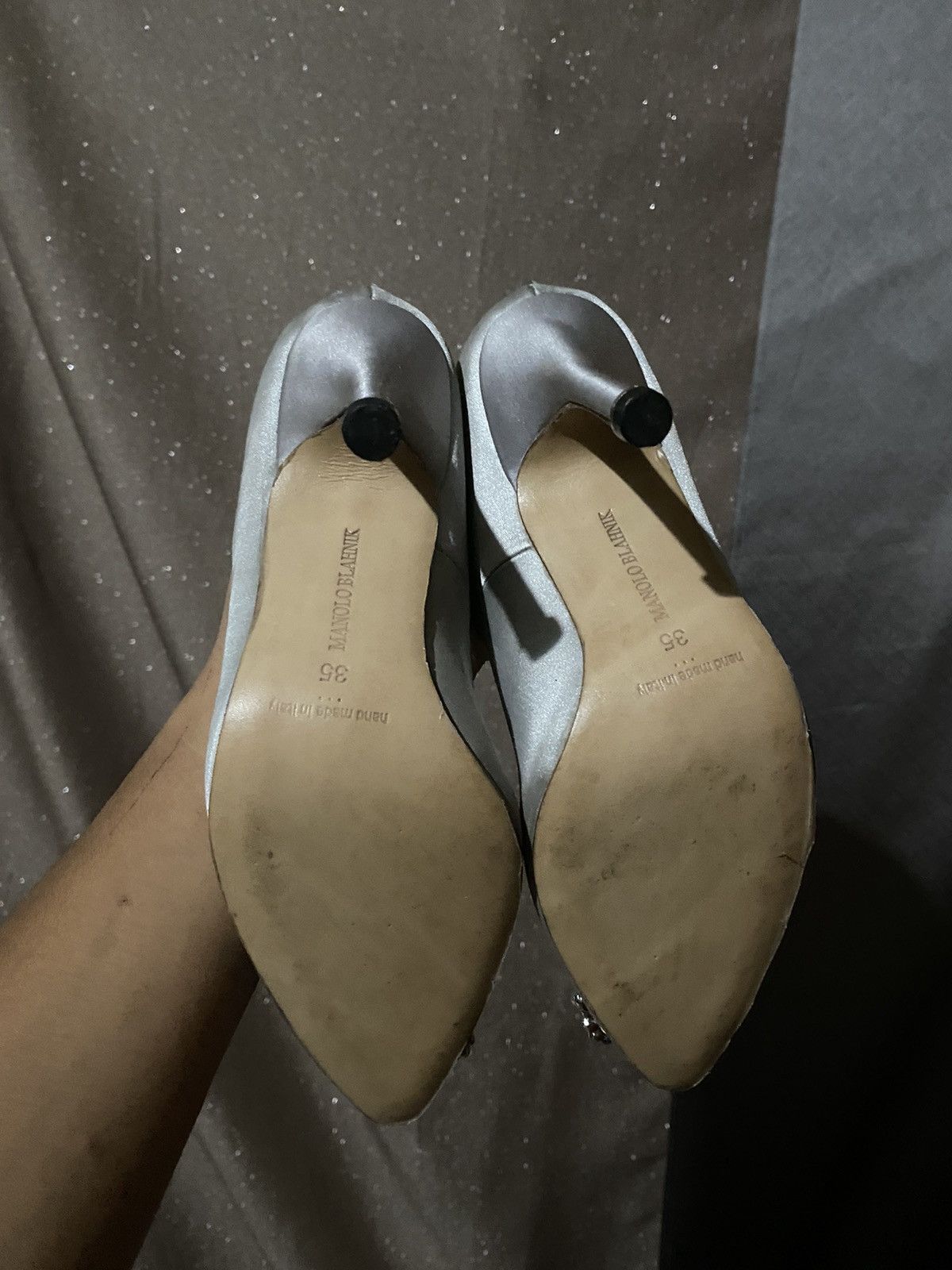 Manolo Blahnik MANOLO BLAHNIK Hangisi silver 70 white satin pearl buckle Size US 4 / IT 34 - 5 Thumbnail