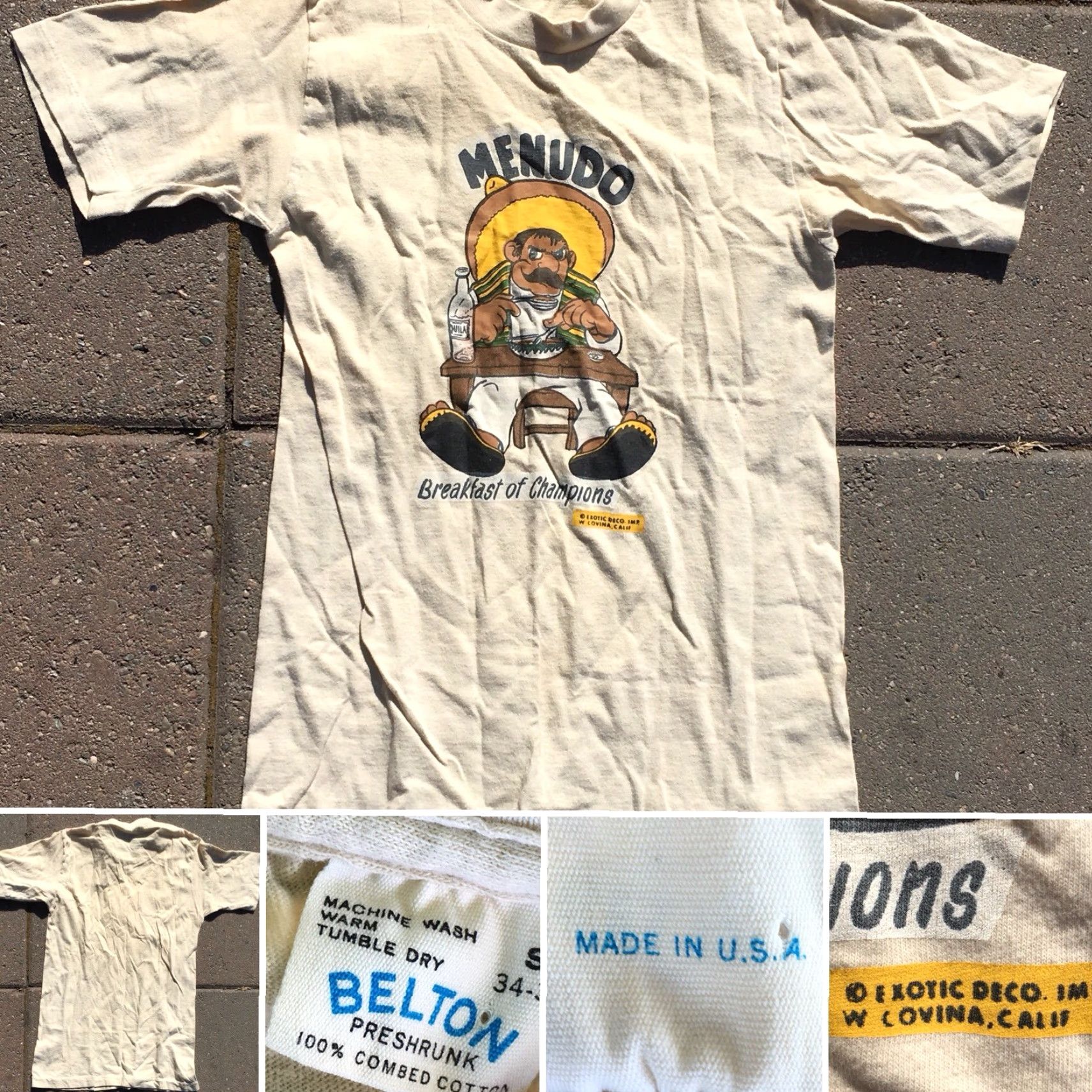 Champion VINTAGE Belton Menudo Breakfast of Champions T-Shirt S Short Sleeve Beige 1970s Mens Graphic Tee USA Size US S / EU 44-46 / 1 - 2 Thumbnail