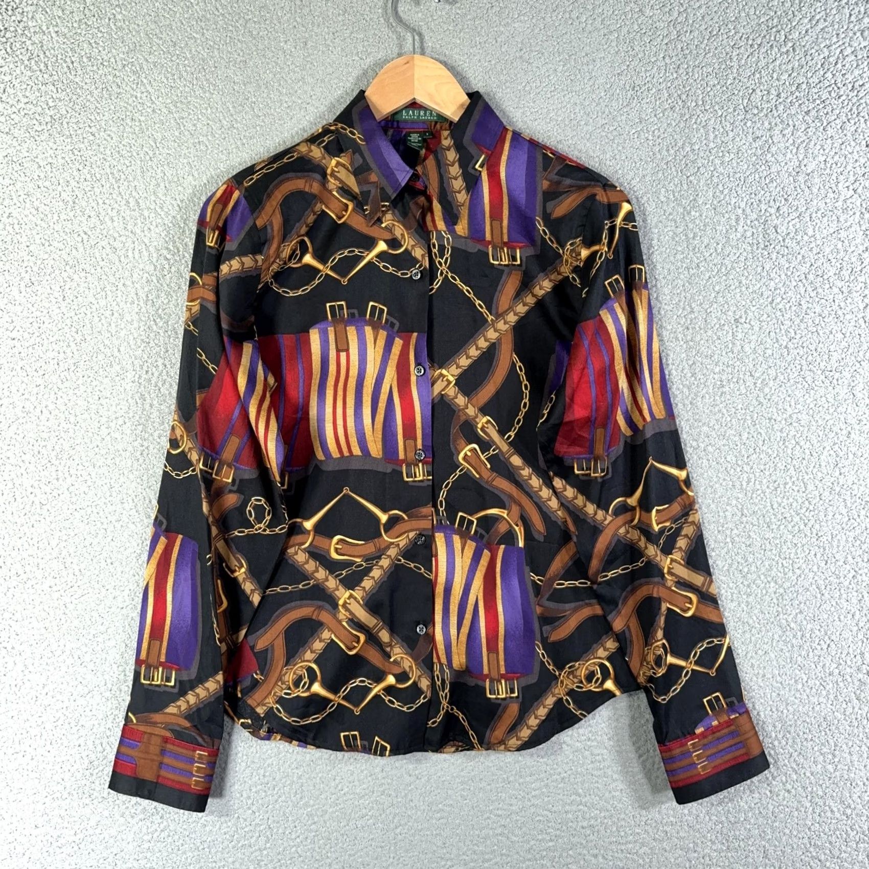 Ralph Lauren Lauren Ralph Lauren Top Womens Small Button-Up Equestrian Polo Blouse Shirt Black Geometric Print Short Sleeve? Size S / US 4 / IT 40 - 2 Thumbnail