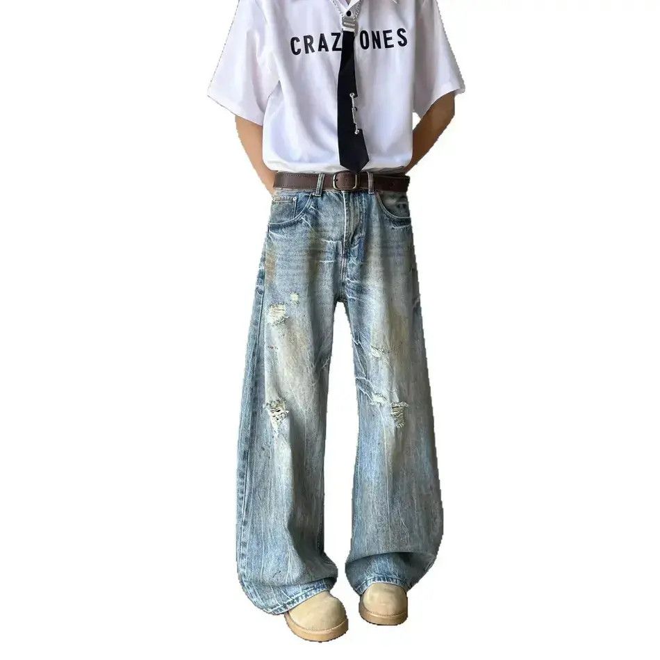 Japanese Brand Retro loose straight leg ripped jeans Size US 32 / EU 48 - 5 Thumbnail