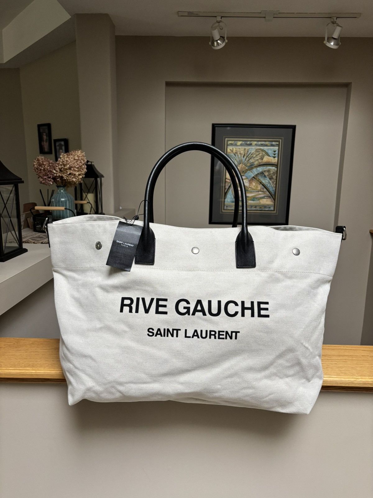 Saint Laurent Paris Saint Laurent Cream/Black Leather Rive Gauche XL Tote Bag Size ONE SIZE - 1 Thumbnail