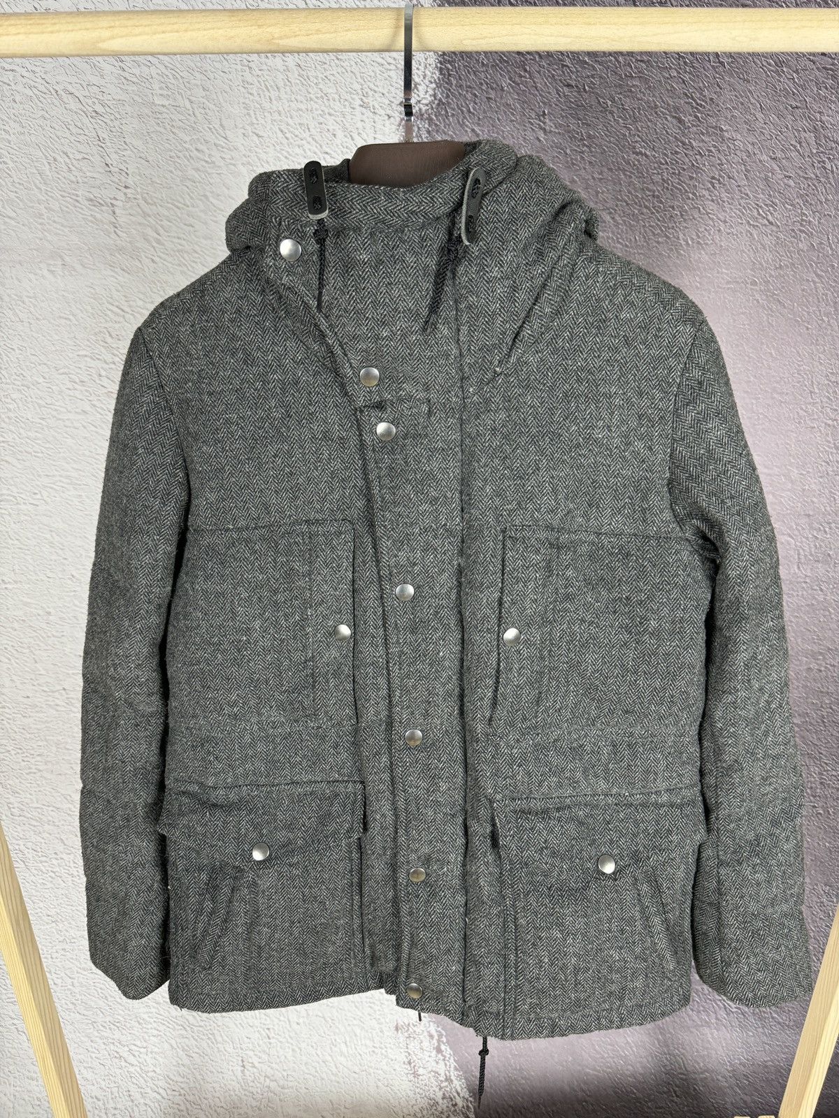 Japanese Brand Stooge & Co grey wool herringbone down puffer jacket Size US M / EU 48-50 / 2 - 2 Thumbnail