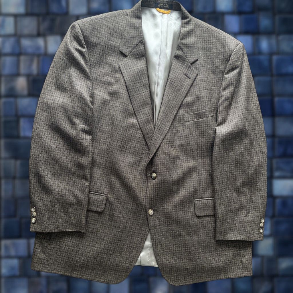 Lord & Taylor VINTAGE LORD & TAYLOR Blazer Mens 48R Brown Geometric Notch Lapel Wool 50in Chest Single-Breasted 2-Button Vintage USA Mens Size 48R - 1 Thumbnail