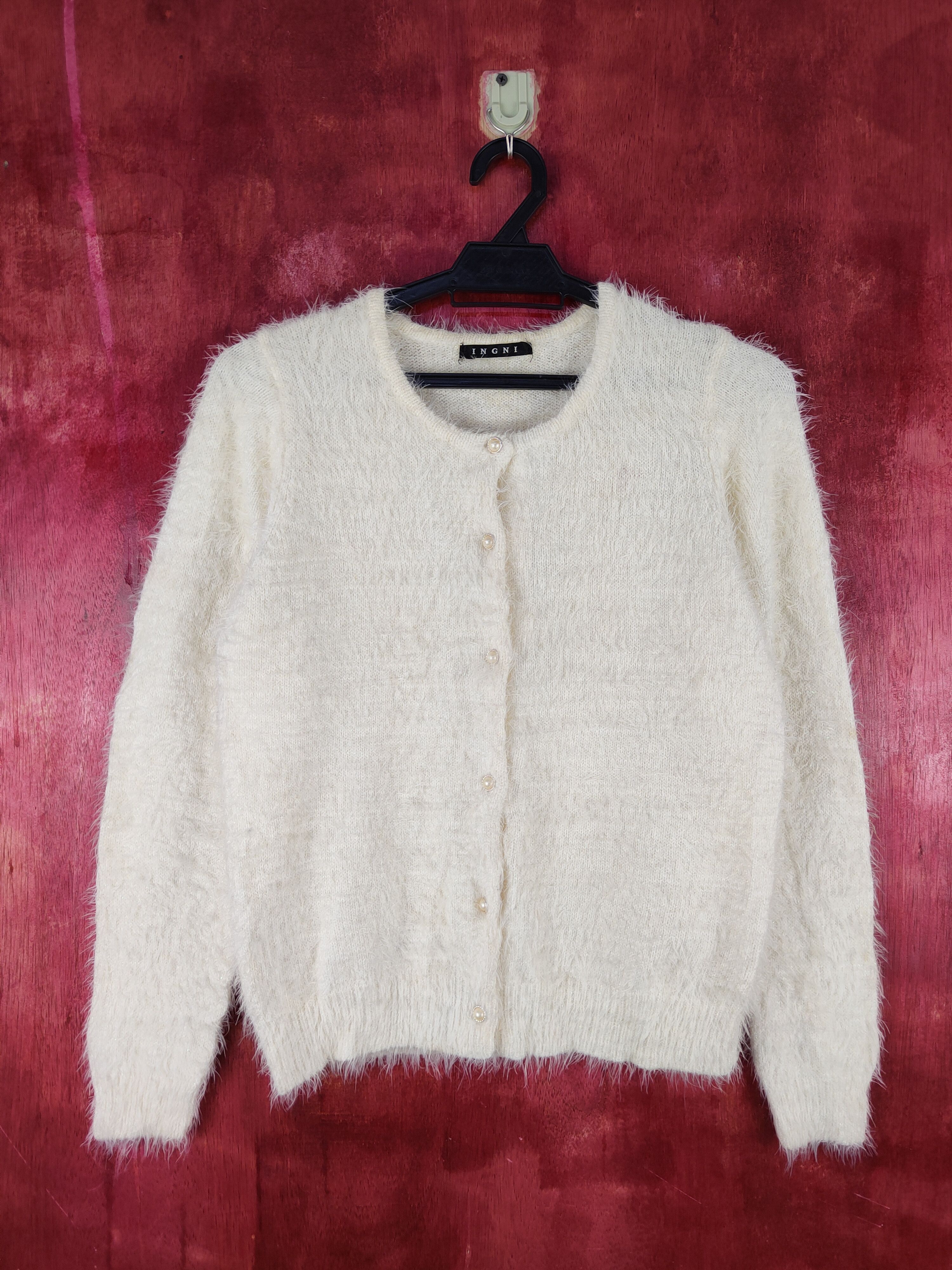 image of Homespun Knitwear Ingni Yellow Shag Shaggy Fur Mohair Knitwear Cardigan S1986 in Light Yellow, Wome