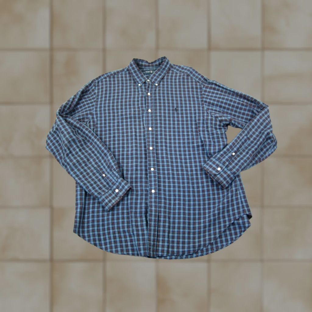 Ralph Lauren VINTAGE Ralph Lauren Shirt Mens 2XL Blue Plaid Button-Up Cotton Linen Long Sleeve Collared 90s City Classic Logo Pockets Size US XXL / EU 58 / 5 - 1 Thumbnail