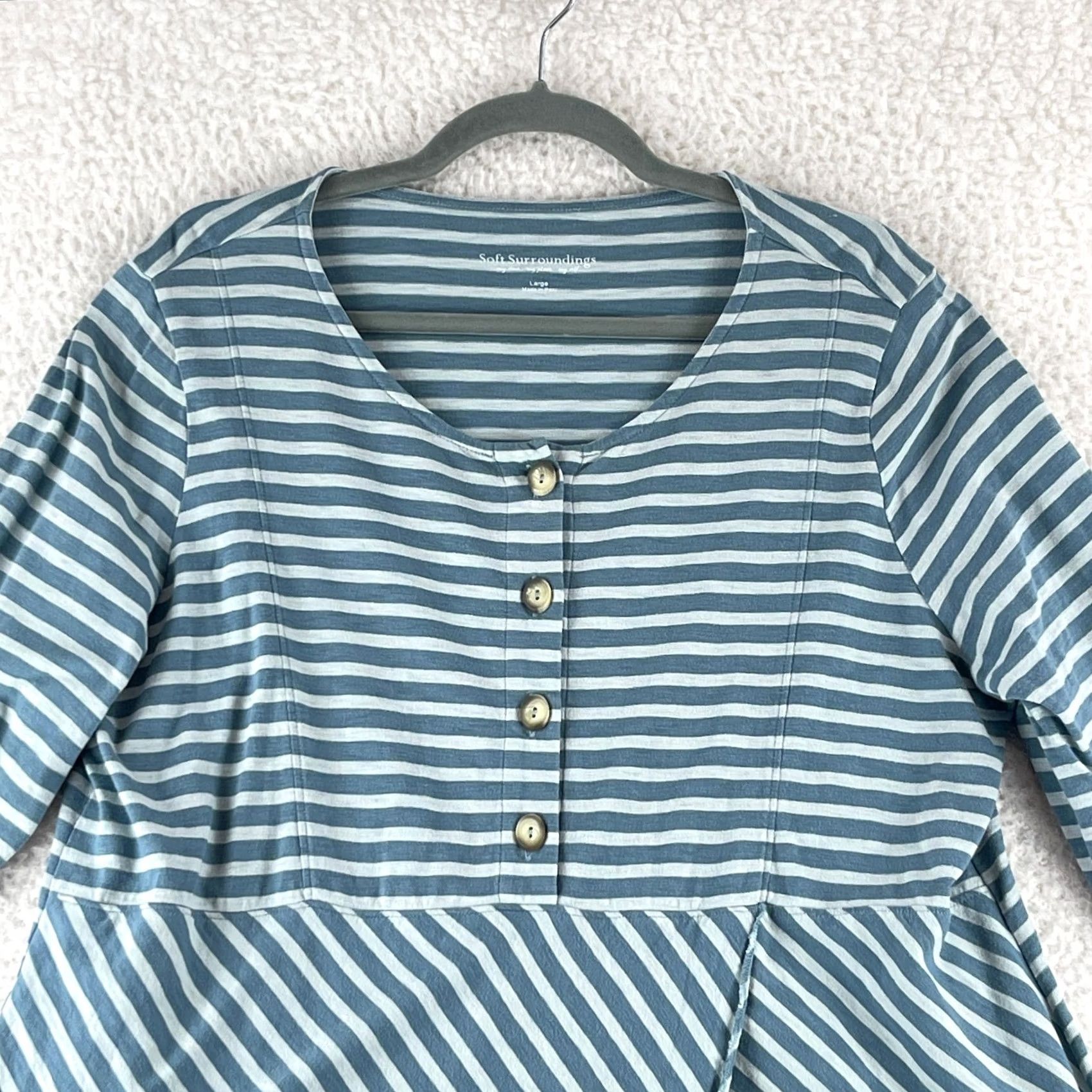 Soft Surroundings Soft Surroundings Preston Stripe Shirt Womens Large Green Roll Tab Sleeve Casual Size L / US 10 / IT 46 - 2 Thumbnail