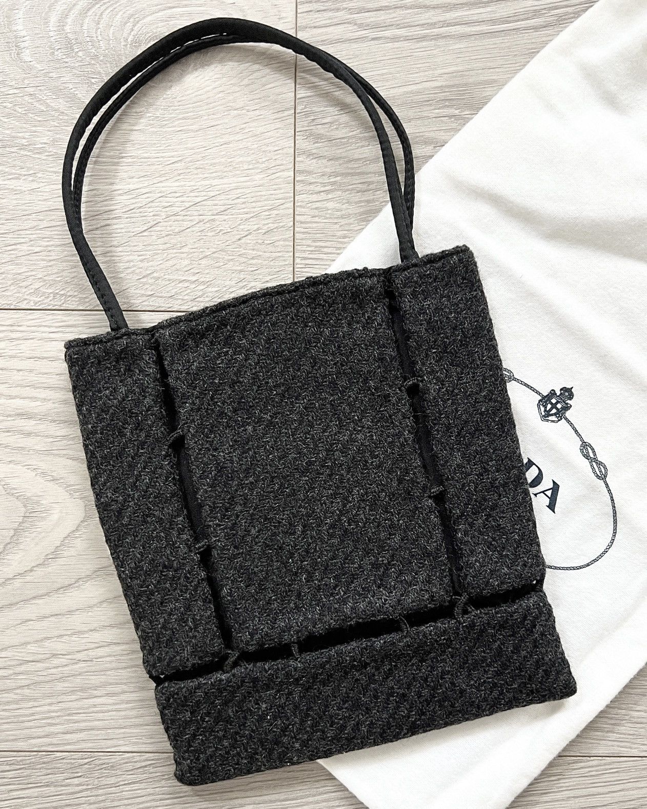 image of Prada Aw1998 Expose-Stitch Wool Top Handle Mini Hobo Bag in Grey, Women's