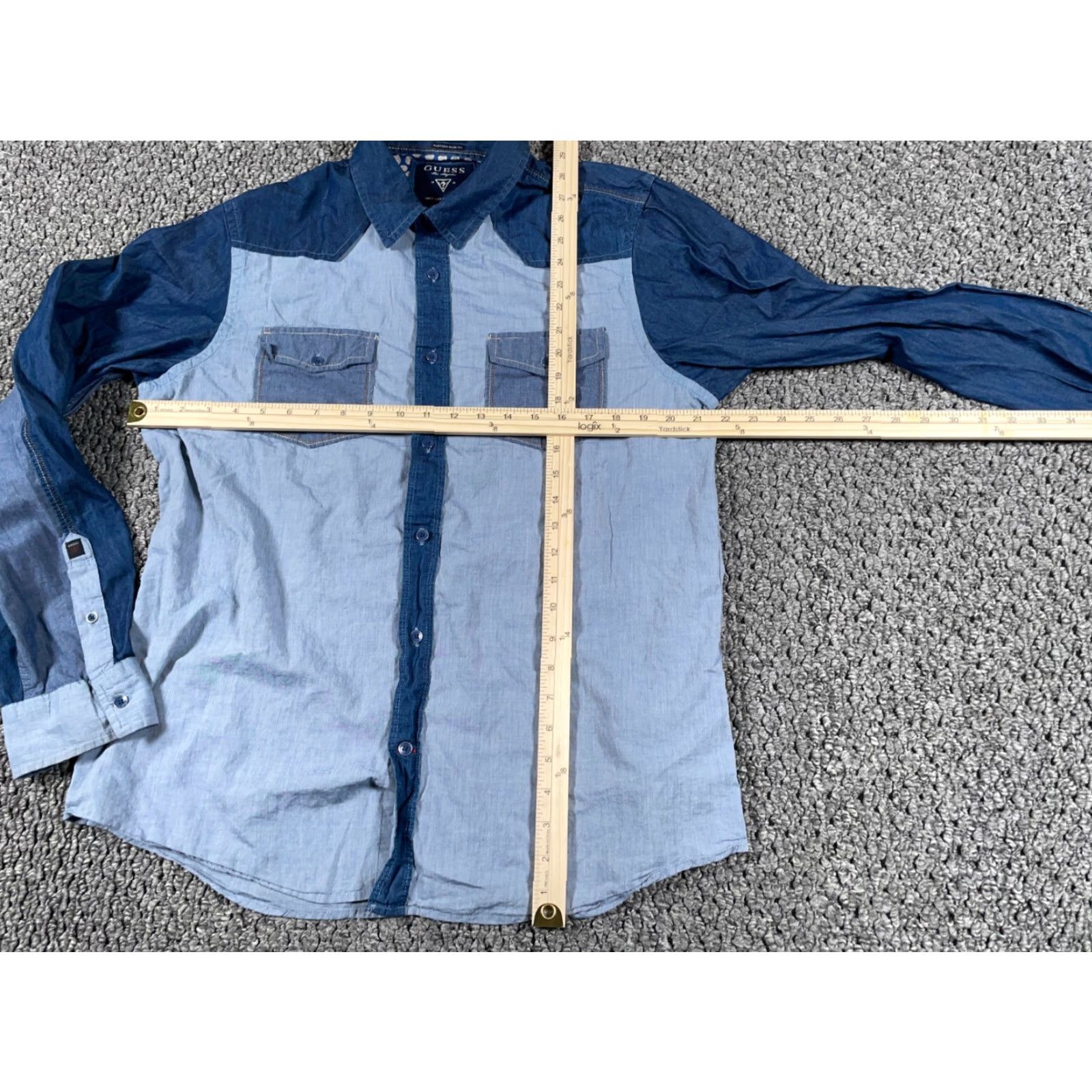 Guess GUESS Blue Chambray Colorblock Shirt Adult XL Lightweight Western Button-Up Mens Size US XL / EU 56 / 4 - 6 Thumbnail