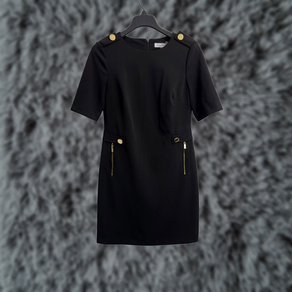 Calvin Klein Calvin Klein Dress Womens Size 4 Black Sheath Gold Button Zipper Detail Stretch