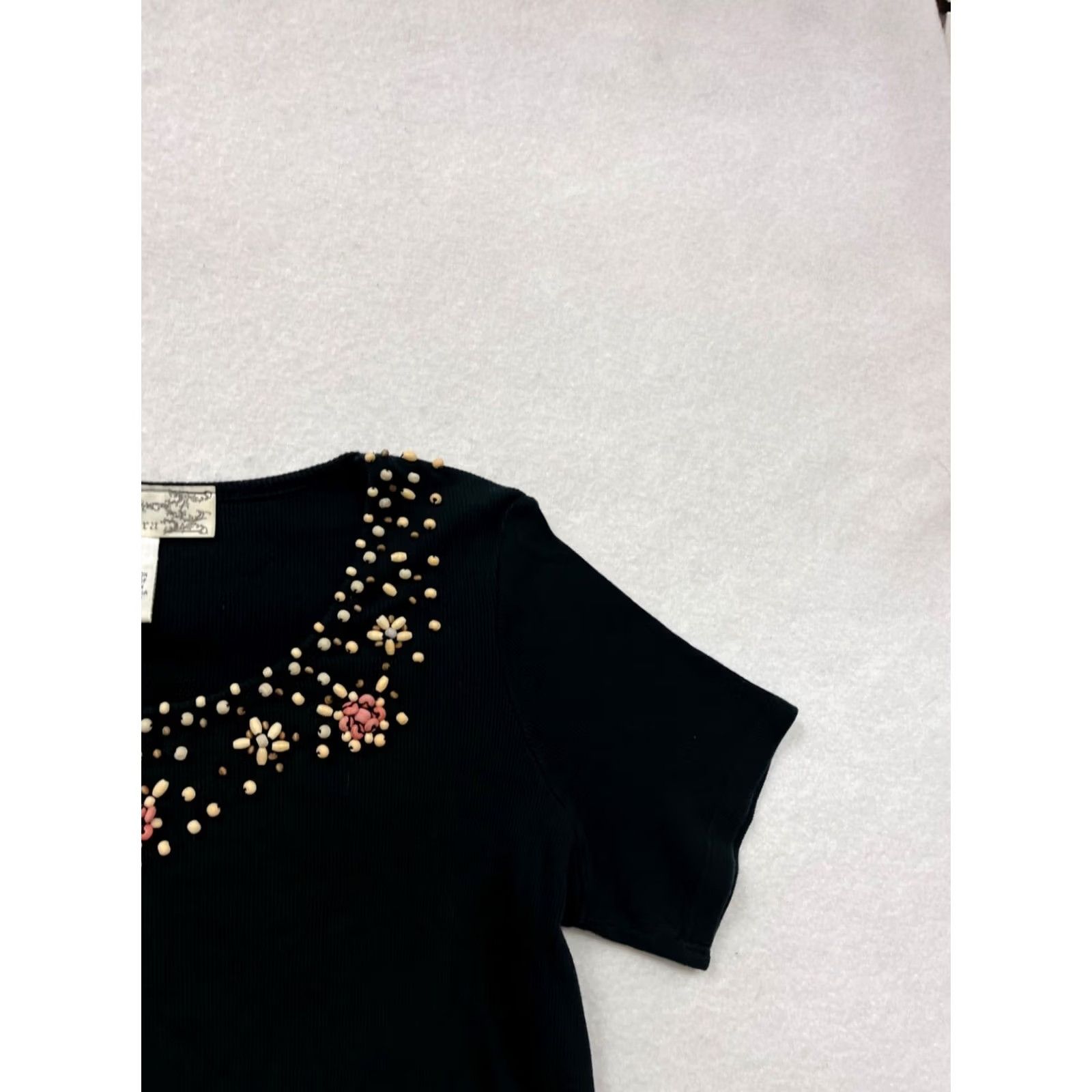 Vintage VINTAGE Tiara Black Embroidered Womens Top M Short Sleeve Shirt Womens M Black Beadwork Cotton Blouse Vintage/Tiara 90s? Size M / US 6-8 / IT 42-44 - 4 Thumbnail