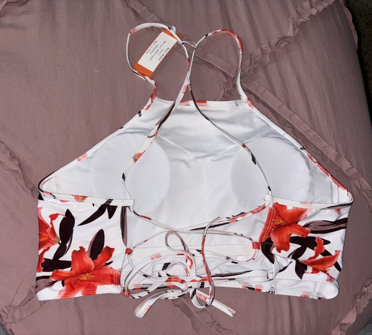 Other Macolily Orange White Floral Tie Back Bikini Top Sz L NWT Size L / US 10 / IT 46 - 8 Thumbnail