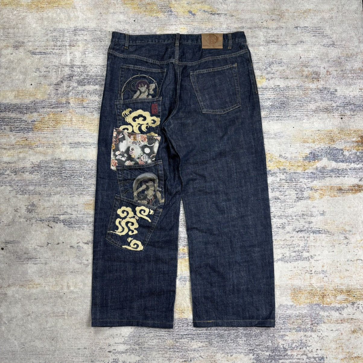 Karakuri Tamashii Rare Karakuri Tamashii multi pocket embroidery denim pants Size US 37 - 1 Thumbnail