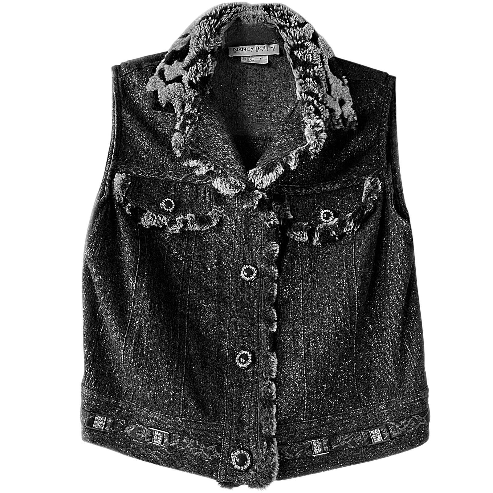 Other Vintage Nancy Bolen Faux Fur Embellished Black Denim Vest Size S / US 4 / IT 40 - 2 Thumbnail