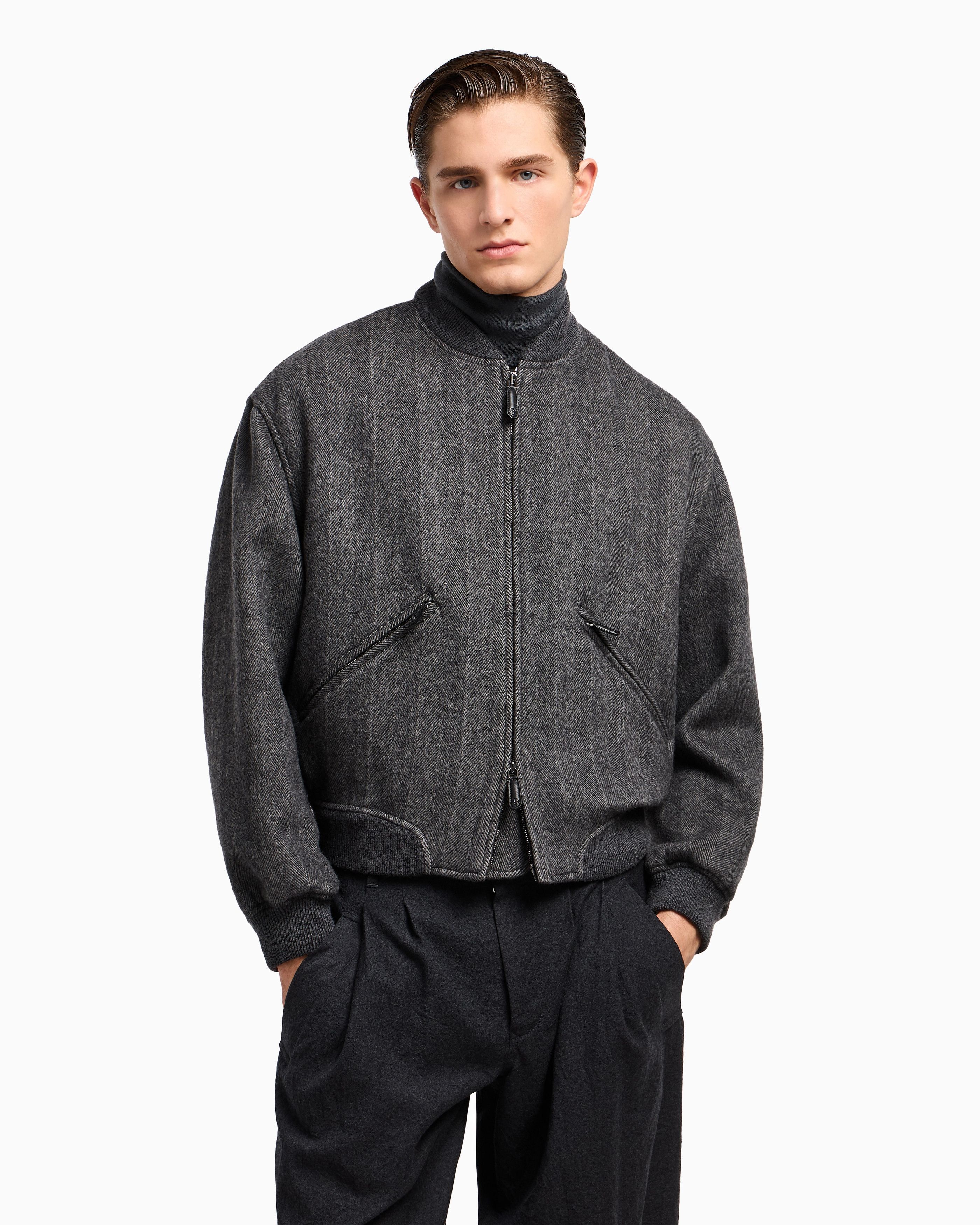 Giorgio Armani Cashmere Chevron Herringbone Zip-Front Bomber Jacket Blouson Size US XL / EU 56 / 4 - 4 Thumbnail
