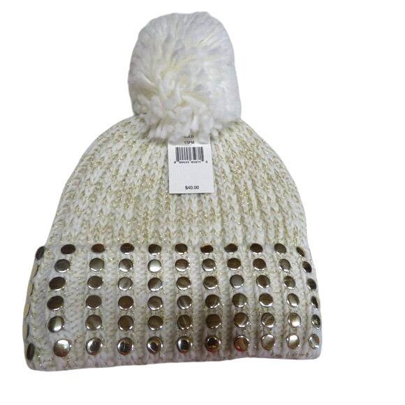 DKNY DKNY Flat-Stud Metallic Rib-Knit Beanie Ivory/Gold Size ONE SIZE - 2 Thumbnail