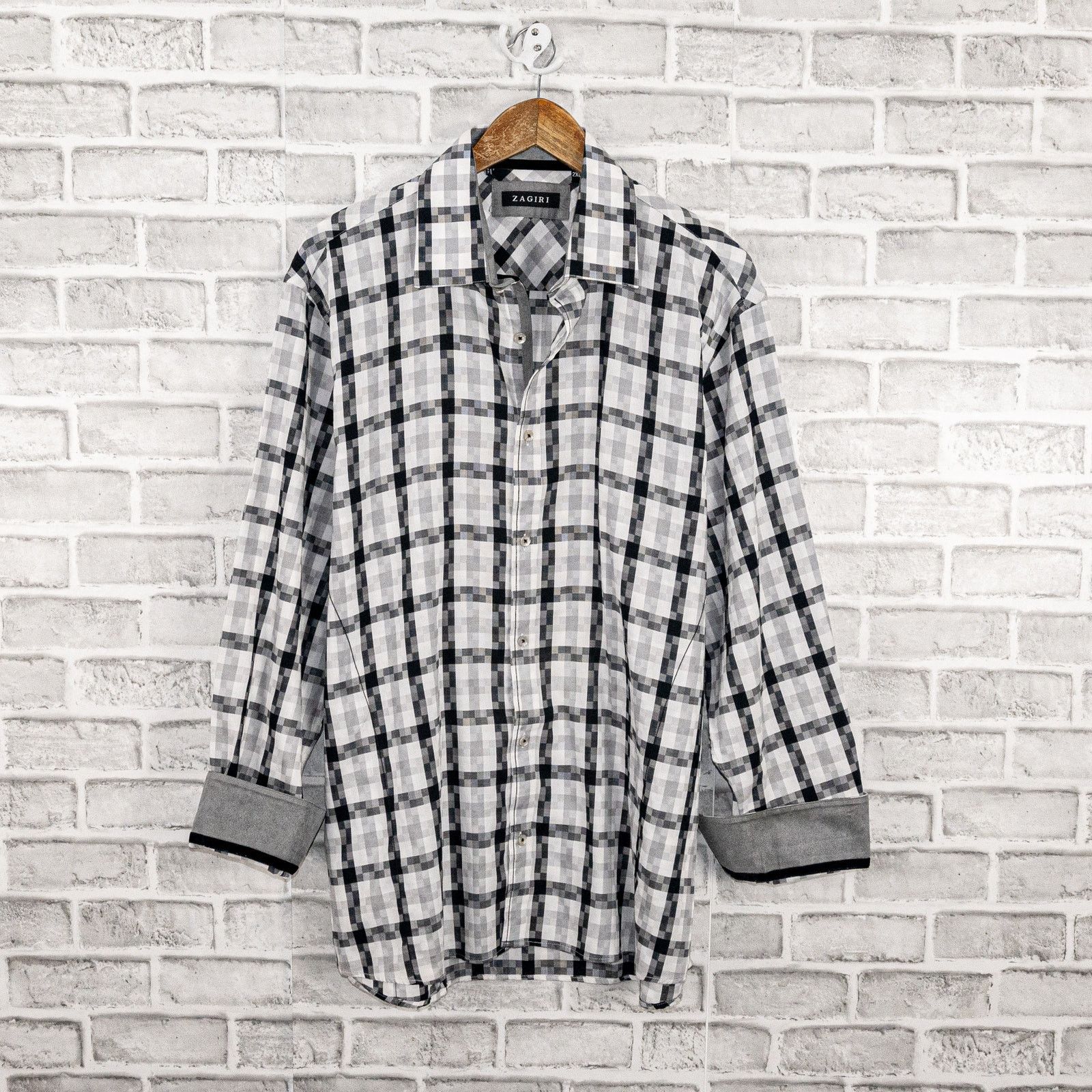 ZAGIRI ZAGIRI Men's Button up Shirt in White Gray Grid check Size US XXL / EU 58 / 5 - 2 Thumbnail