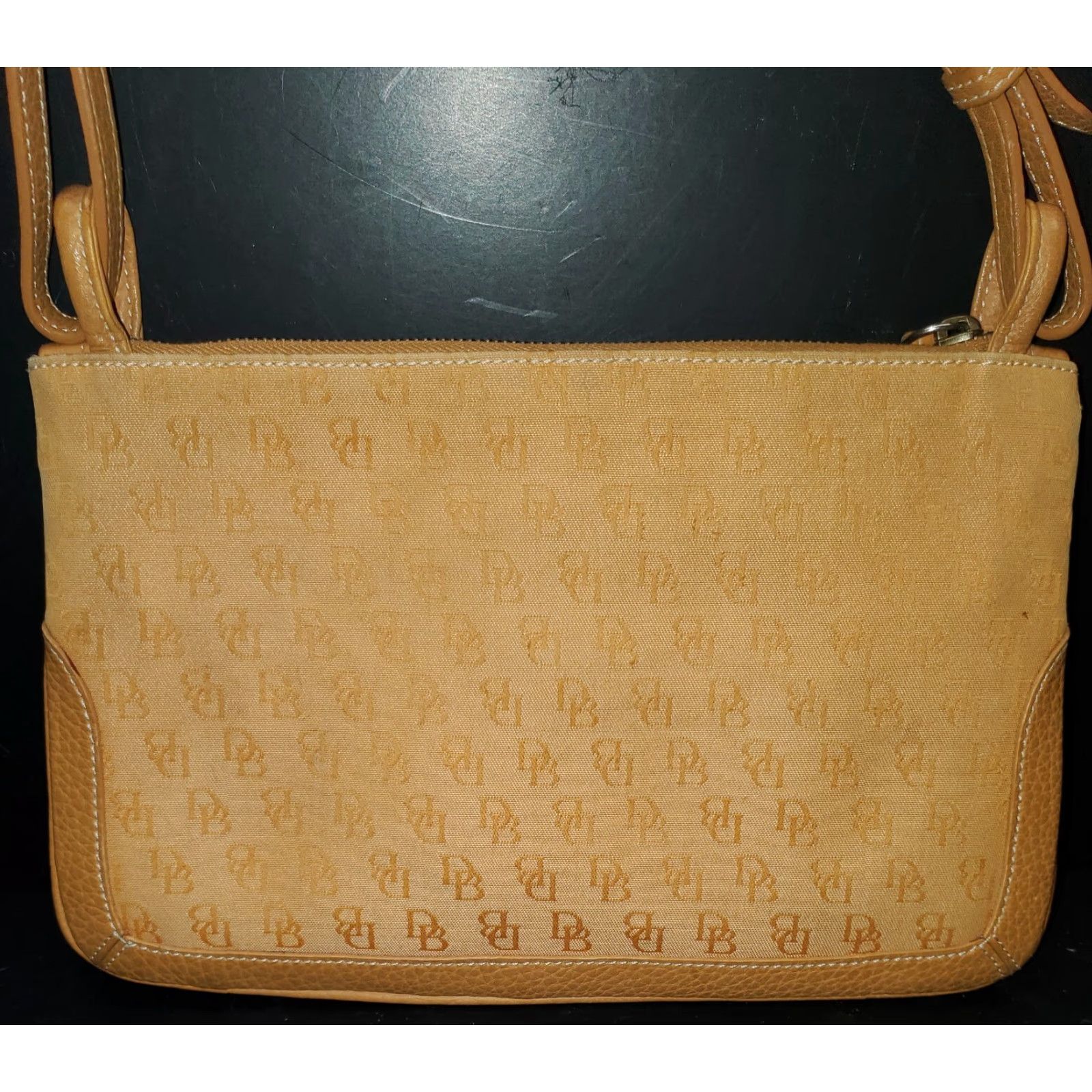 Dooney & Bourke VINTAGE Dooney & Bourke Monogram Small Shoulder Bag Clutch Canvas Leather Trim Beige Crossbody Strap Womens Bag Size ONE SIZE - 3 Thumbnail