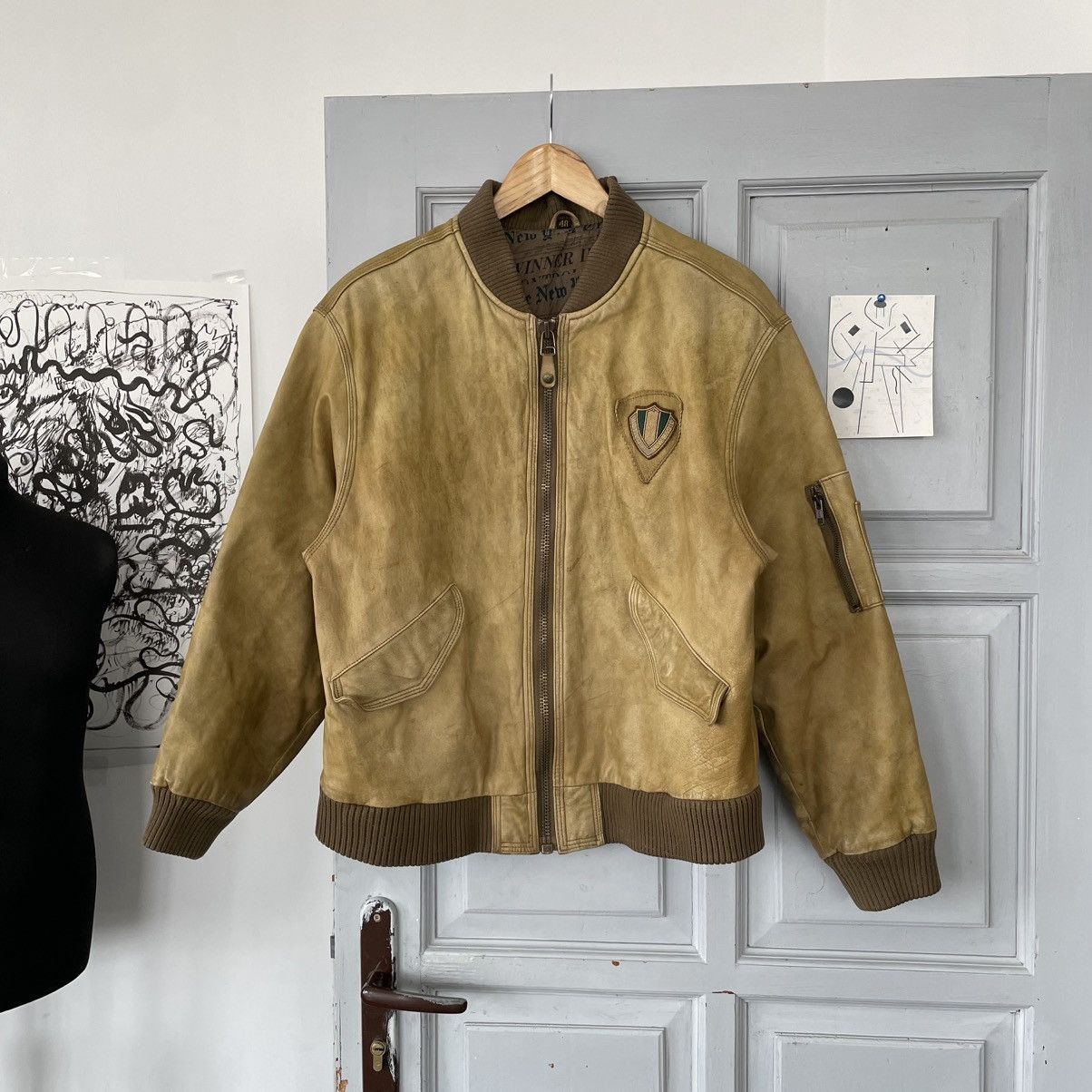 Vintage Yellow Distressed leather jacket Y2K sz M