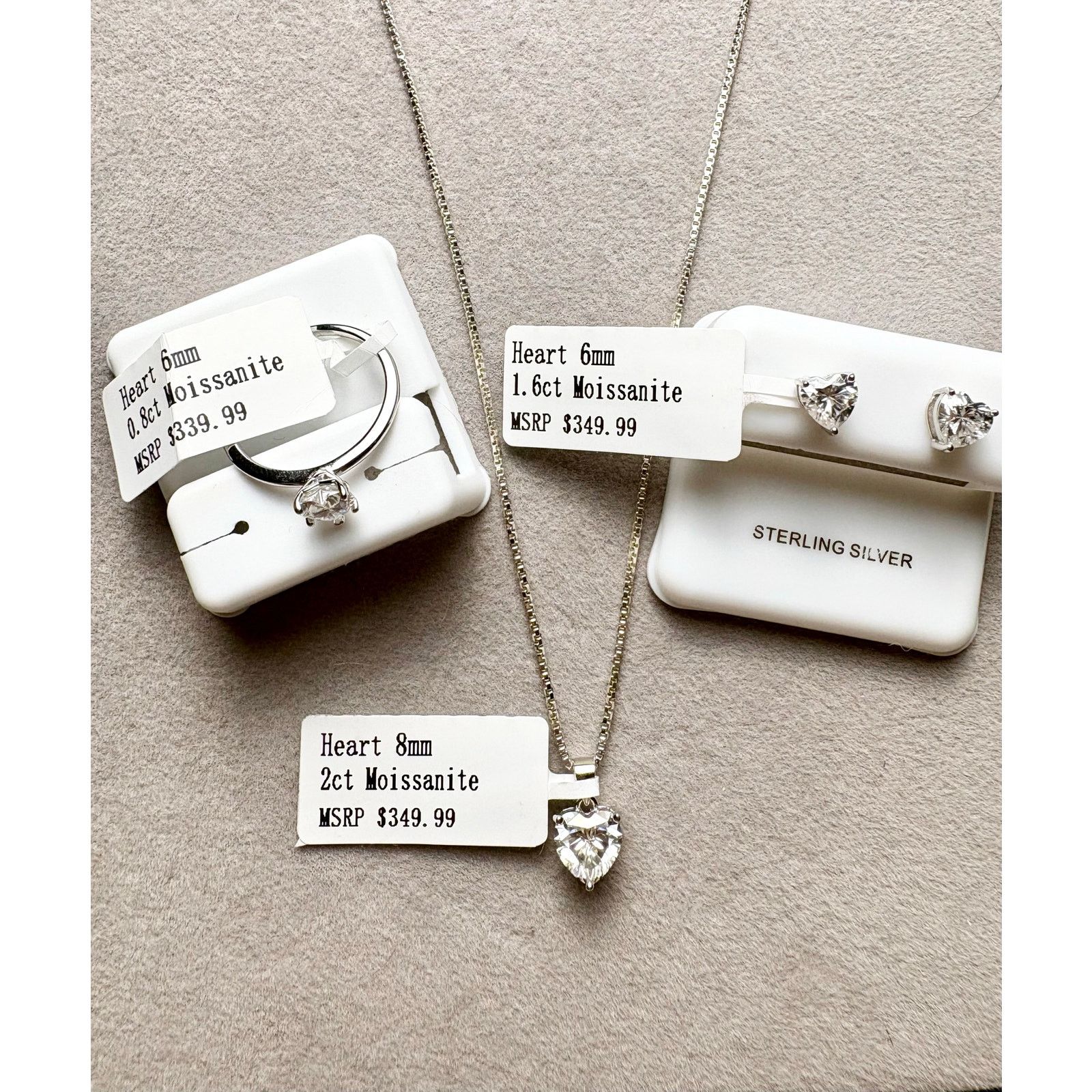 Jewelry Moissanite Heart 3PC Set: Ring, Necklace & Earrings - Silver Size ONE SIZE - 14 Thumbnail