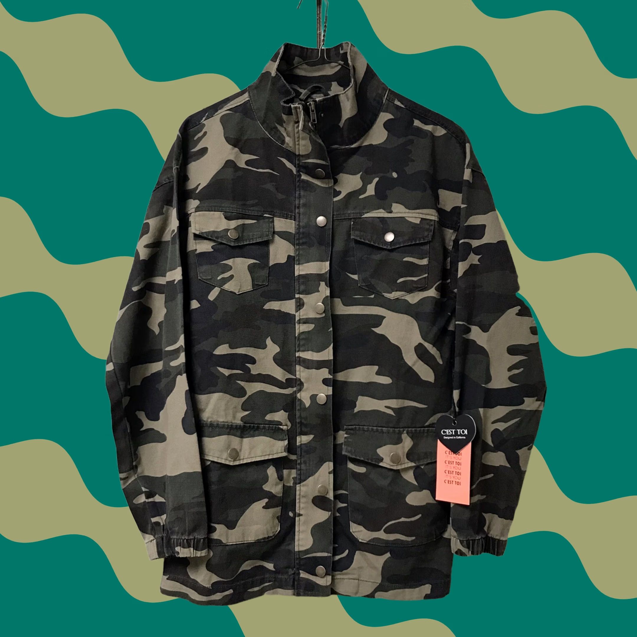 Vintage VINTAGE C'est Toi Women Green Military Jacket Camouflage Anorak Full Zip Mock-Neck S Size S / US 4 / IT 40 - 1 Thumbnail